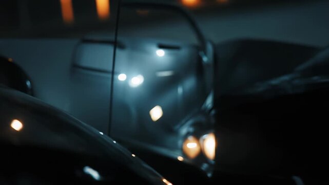Oncoming car headlight blazes through lens flare and bokeh, creating an abstract, blurred urban night street scene with motion, glow and cinematic atmosphere