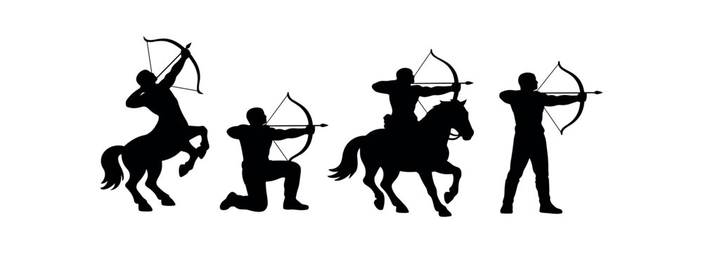 A row of black silhouette archers including centaur figures and human figures in various shooting poses.