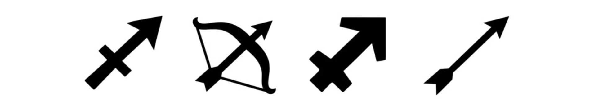 A collection of varied sagittarius and arrow symbols shown as black and outline icon shapes.