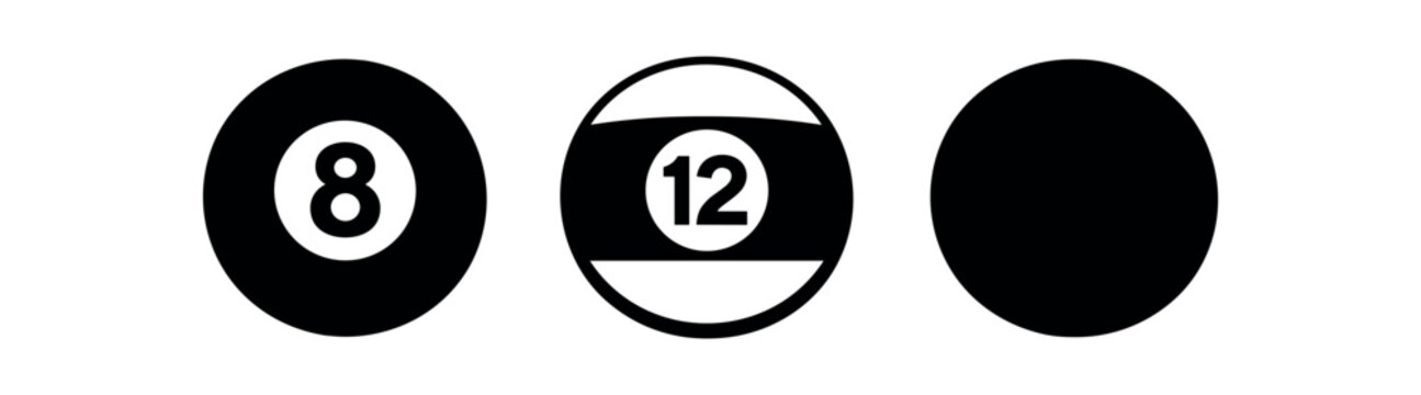 Three black billiard balls in a row including an 8 ball, a striped 12 ball, and a plain solid ball.