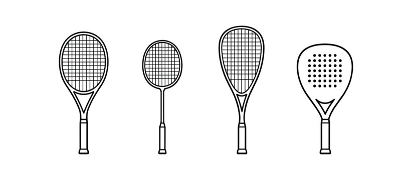 Four line art racket illustrations including two stringed tennis styles and two solid headed sport rackets.