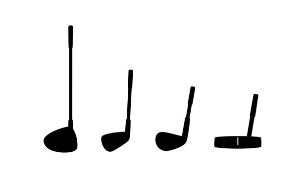 Four black silhouette golf clubs showing a driver, irons and a putter in simple shapes.