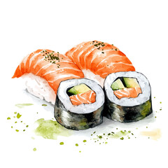 Sushi, illustration watercolor with playful splashes and delicate line details, isolated on a white background. © lunaris