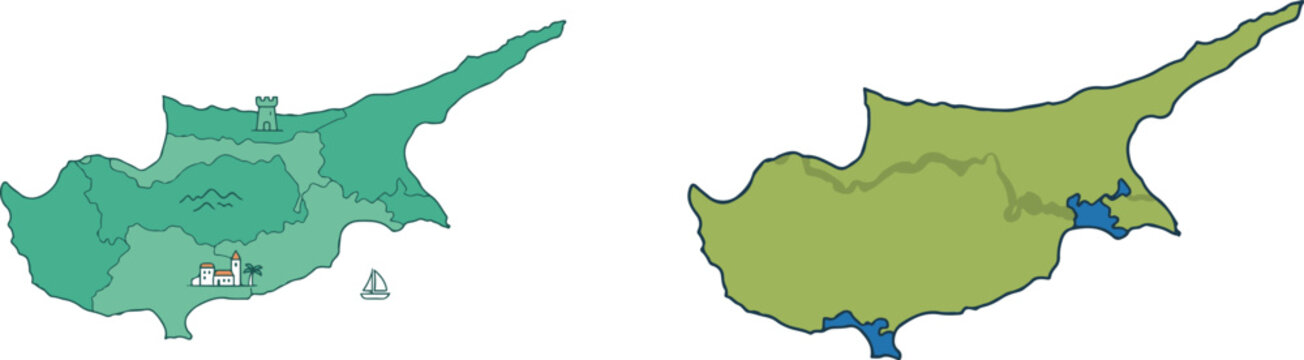 Minimalist vector illustration of Cyprus map shown in two color variations, highlighting geographic shape with clean, modern styling suitable for infographics and design projects.