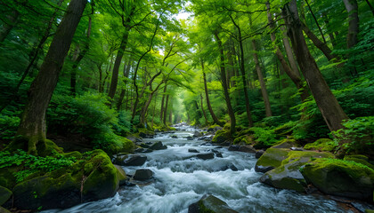 Fototapeta premium stream in the forest,crystal stream in the woods ,stream flow through the forest , sunlight forest by the stream , forest stream serenity