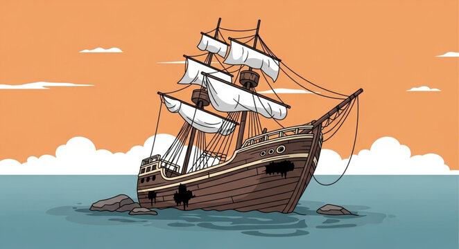 Wrecked Ship Illustration - A Detailed View of a Grounded Vessel.