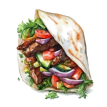 Shawarma, watercolor with intricate brush textures and gentle highlights, isolated on a white background.