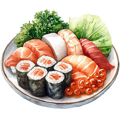 Sashimi, watercolor with intricate brush textures and gentle highlights, isolated on a white background. © lunaris