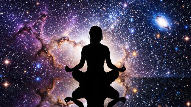 Meditation in cosmic space. Person practices mindfulness in universe. Tranquil atmosphere creates connection with cosmos. Meditative state enhances spiritual journey.