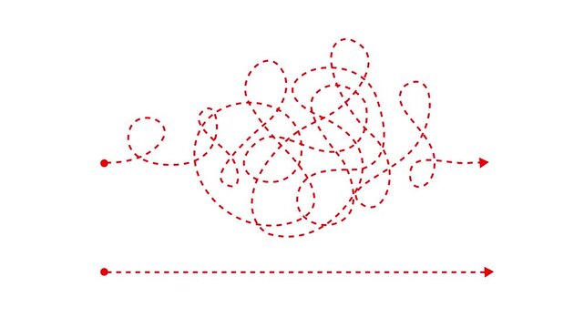 Complex and easy way from point A to B. hand drawn doodle scribble chaos path lines. kids tracing paths, Motion graphics of line direction concept