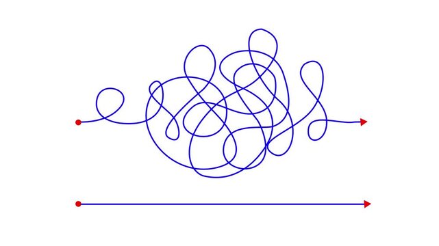 Complex and easy way from point A to B. hand drawn doodle scribble chaos path lines. kids tracing paths, Motion graphics of line direction concept