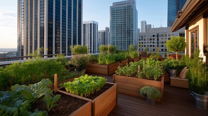 Fototapeta premium Raised garden beds filled with vegetables growing on rooftop, city buildings surrounding, watering can and gardening gloves on wooden bench, perfect for rooftop cultivation, urban farming, and