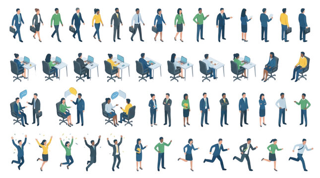 Isometric Business People Character Set: Corporate Office Workers Walking, Sitting, Talking, Running, and Jumping with joy