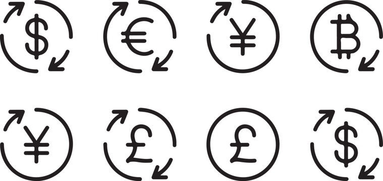 currency symbols icon set vector black circular arrows for finance use