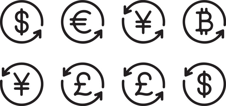 currency conversion icon pack circular arrows money and crypto symbols