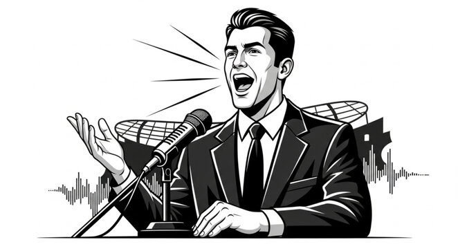 Dynamic Speaker Delivers Powerful Speech at Podium with Passionate Gestures.