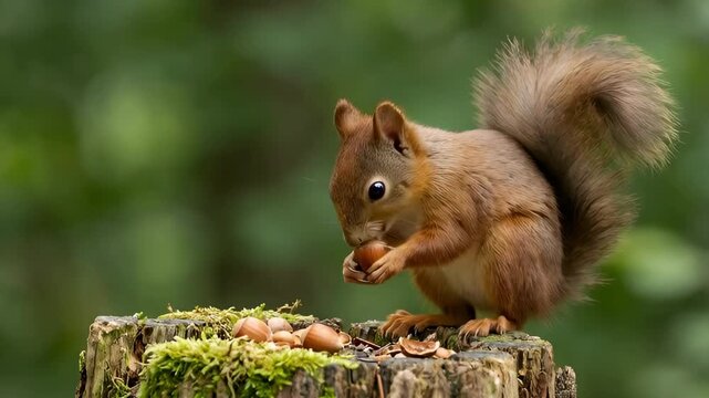 Squirrel holding a nut with tiny paws, nibbling food while perched on a mossy surface in soft forest light.