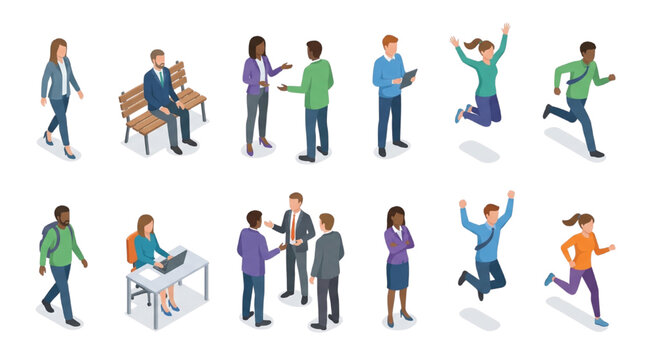 Isometric Casual and Business People Character Set: Vector Diverse Figures Walking, Sitting, Talking, Running, and Jumping