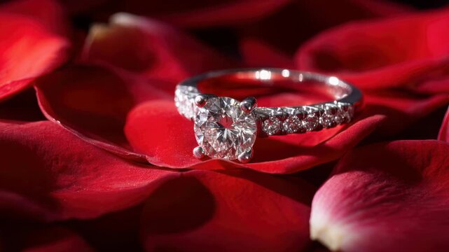 sparkling diamond ring on red rose petals, closeup of solitaire nestled in velvety bloom, brilliant facets catch light with starburst gleam, elegant jewelry