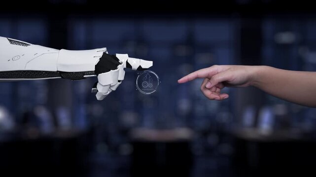 A robotic hand and a human finger engage with a digital interface showcasing productivity elements in a contemporary office, symbolizing technology and human collaboration. Synapse