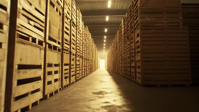 Industrial warehouse aisle of stacked wooden crates in neat rows, golden light streaming toward distant exit, showcasing organized storage, scale and logistics efficiency