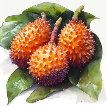 Pulasan, illustration watercolor with playful splashes and delicate line details, isolated on a white background.