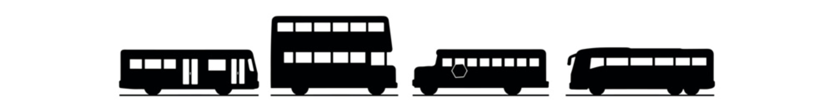 Four black side-profile bus silhouettes showing different bus types and sizes.