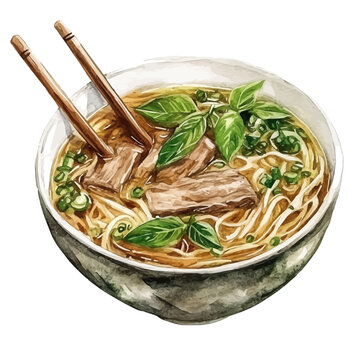 Pho, illustration watercolor artwork with subtle gradients and elegant contours, isolated on a white background.