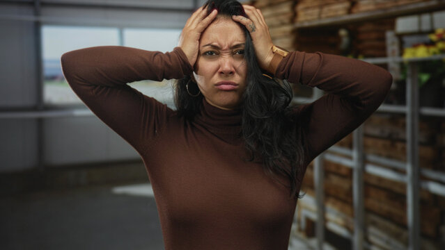 Woman with hands raised shouting inside building near shelves and window, wearing hoop earrings and brown turtleneck; anger dispute.
