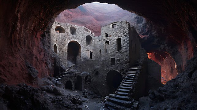 A medieval castle built inside an active volcano