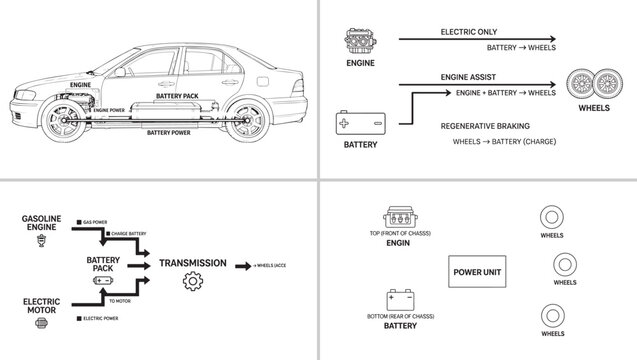 ybrid electric vehicle powertrain system diagram, car engine and battery pack power flow chart, automotive technical line art