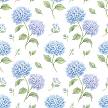 Watercolor Blue Hydrangea Seamless Pattern with Botanical Leaves on White Background