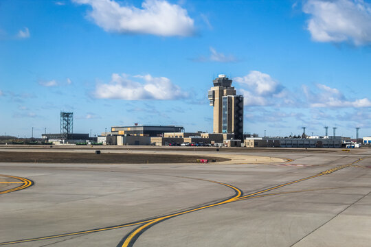 View of the Minneapolis-St. Paul International Airport (MSP) air traffic control tower (Minneapolis, USA - Mar 13, 2026). Editorial Use Only.