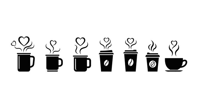 Set of seven black coffee cups in various styles, including mugs and take away cups, with steaming hearts and swirls