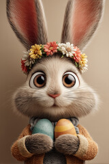 Uroczy, puszysty zając w kwiecistym wianku trzymający dwa wielkanocne jajka. Ciepła i radosna ilustracja w bajkowym, nastrojowym stylu.