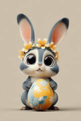 Uroczy, szary króliczek z wielkimi oczami i wiankiem z kwiatów, trzymający kolorową pisankę. Bajkowa, minimalistyczna grafika wielkanocna.
