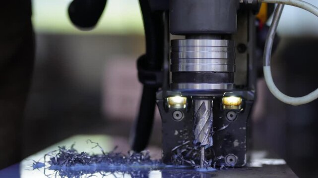 Cordless magnetic drill. Portable magnetic drill with an annular cutter for drilling steel I-beams. The annular cutter produces metal chips and is cooled by a special liquid.