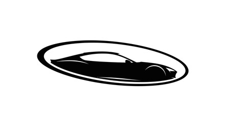 Stylized black outline of a modern sports car within an elegant oval frame, representing automotive design and speed, isolated white background. © Ahmat
