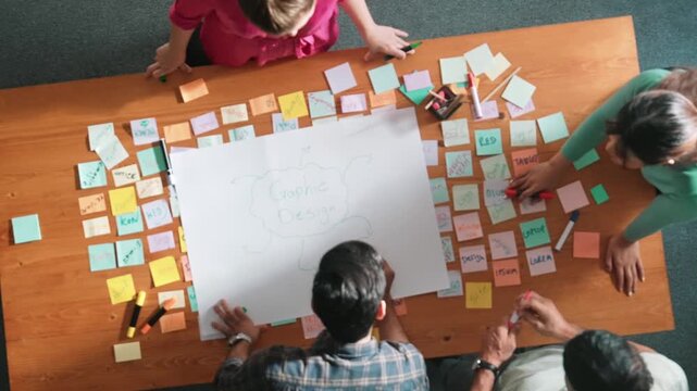 Top down view of manager writing and sharing idea by using mind map. Aerial view of smart business team working together and planning by writing in paper and drafting strategy with pencil. Symposium.