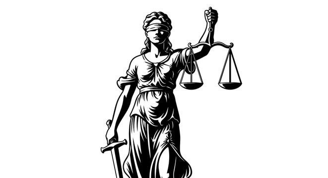 Classical Lady Justice figure with blindfold, holding scales of balance and a sword, symbolizing law and moral authority, isolated white background.