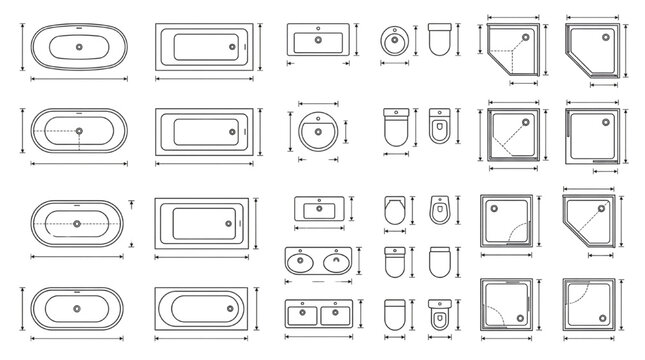 Interior Design Blueprint CAD Vector Bundle: Bathroom Fixtures, Retail Store Furniture, and Lighting Symbols