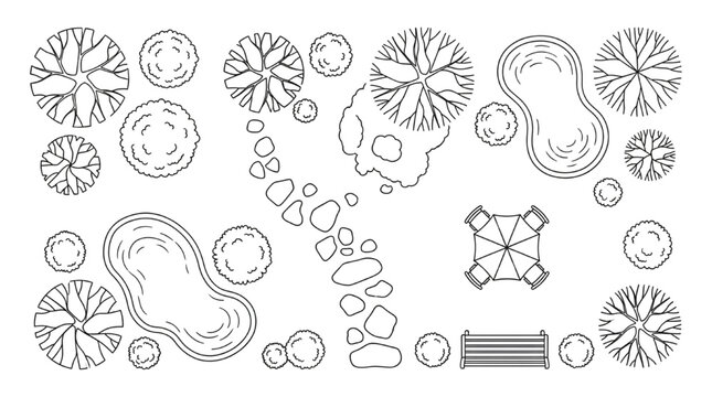 Top View Landscape Architecture and Garden Design Vector Set: Trees, Bushes, Stone Paths, Ponds, and Outdoor Furniture Symbols
