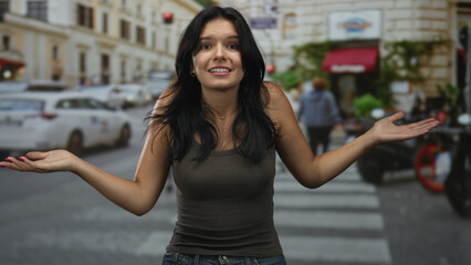 Fototapeta premium Woman smiles while adjusting hair with both hands on head at street crossing wearing brown tank top; confidence.