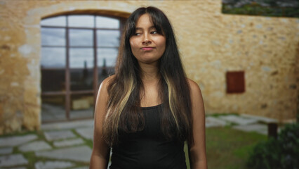 Naklejka premium Young latina brunette woman standing at building entrance wearing a black tank top, lip ring visible, arms relaxed at sides; amusement.