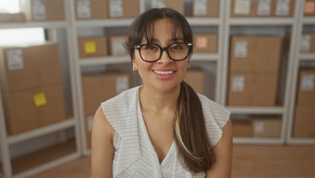Woman wearing glasses with lip piercing and ponytail seated among stacked cardboard parcels on warehouse shelves in a building; small business confidence entrepreneurship.
