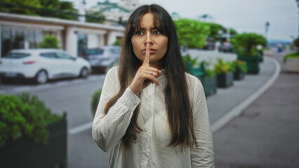 Obraz premium Woman brunette latina with finger to lips on city street wearing white shirt to signal silence near parked cars and planters; quiet caution.