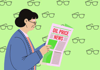 Naklejka premium A senior woman reads oil price news, surrounded by glasses. A modern, illustrative style depicts her focused on the information. Soft colors and a clean composition.