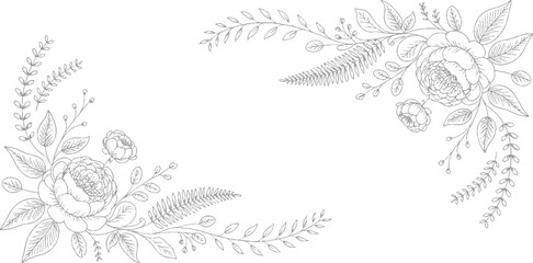 Delicate grey floral and leaf corner embellishments on white background leaves branches berries fern © ESIPOOS