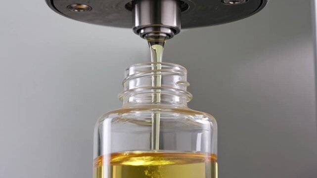 Industrial Filling Machine Pouring Golden Liquid into Bottle