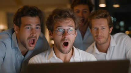 Fototapeta premium Product launch countdown, team gathered around laptop watching first sale notification arrive, genuine shock and celebration, cramped office space, ideal for startup milestone and modern
